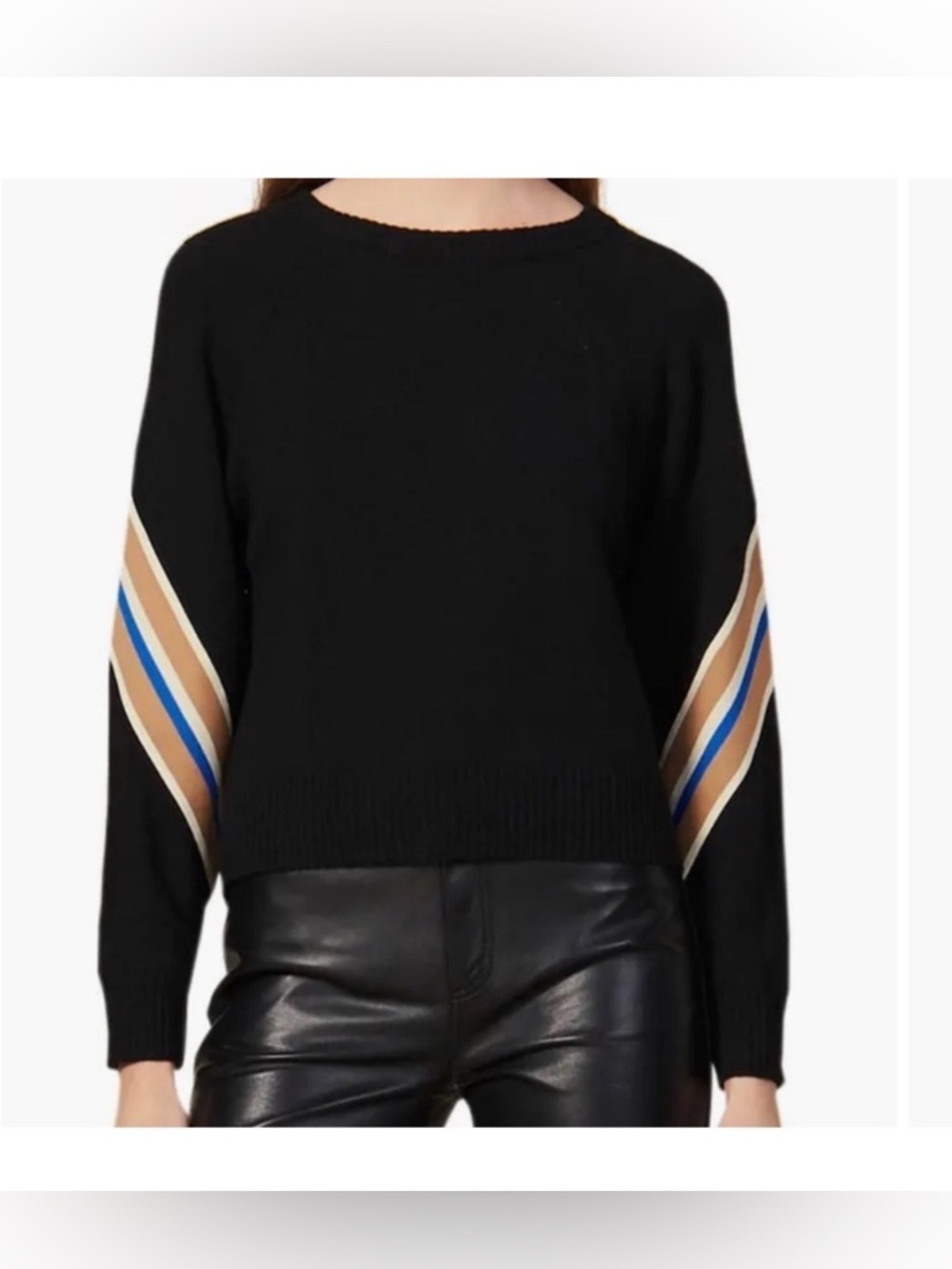 SANDRO Manuel Black Striped Sleeve Wool Blend Knit Sweater